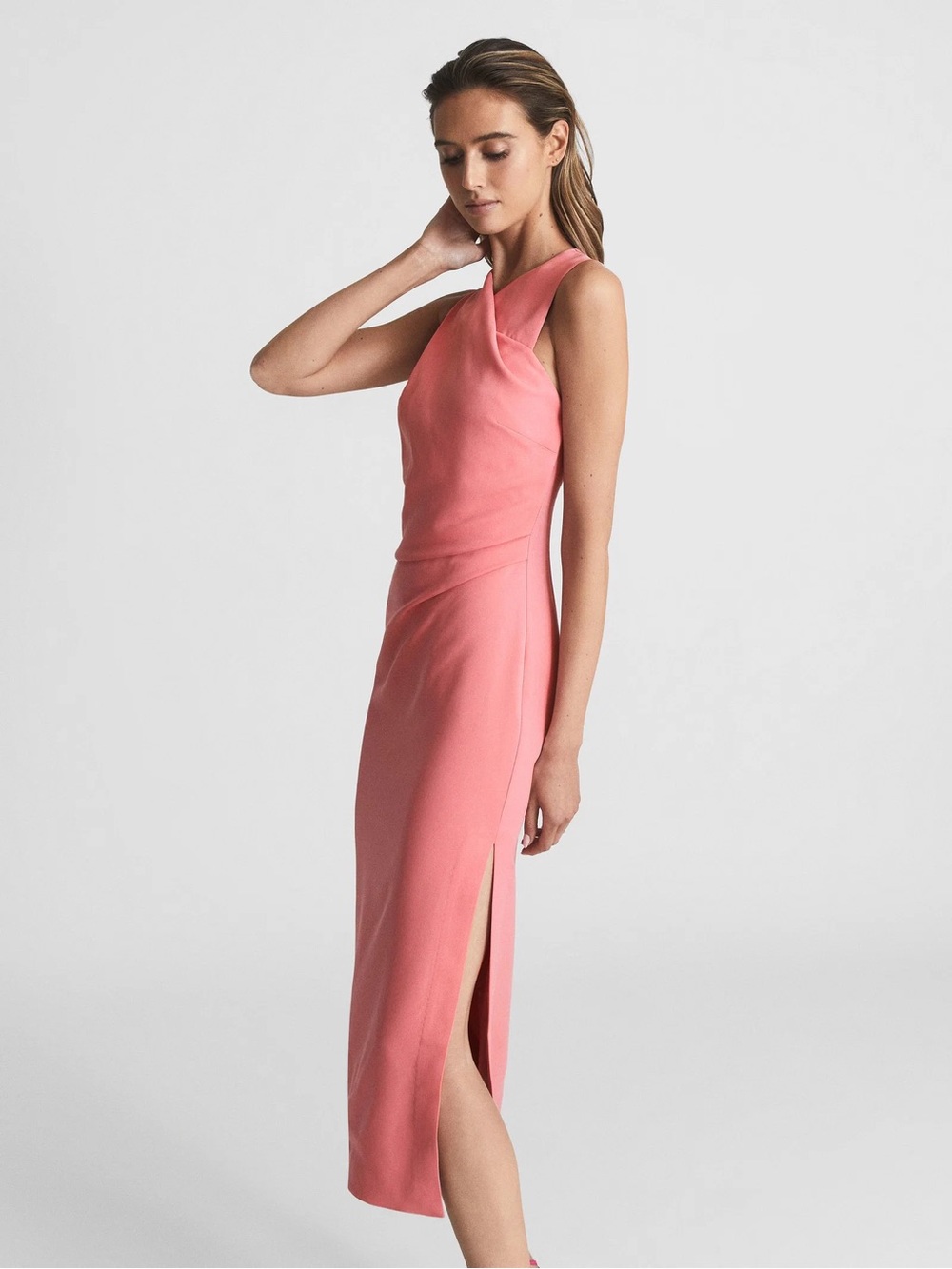 REISS Coral Midi Dress with Side Slit Size 8 Cocktail Wedding Guest
